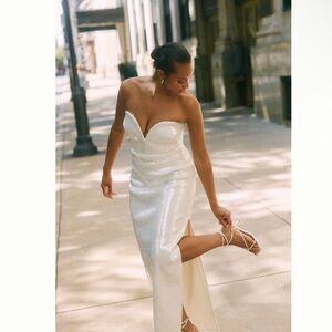 BHLDN Anthropologie Strapless Matte Ivory Sequin Side-Slit Sweetheart Midi Dress